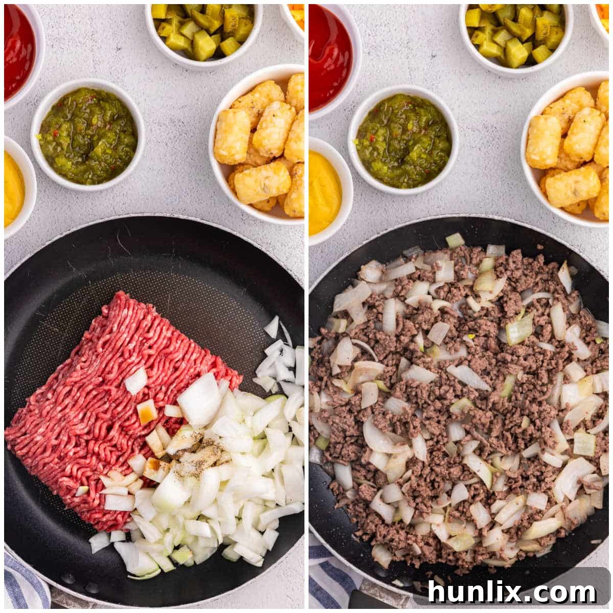 Steps to make cheeseburger tater tot casserole.