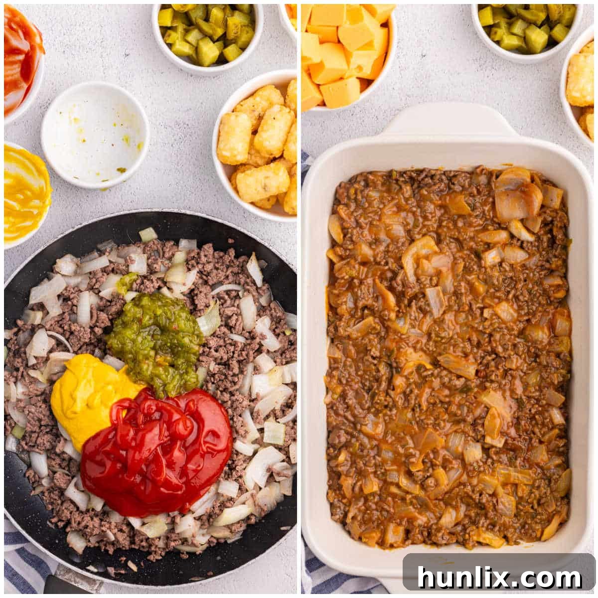 Steps to make cheeseburger tater tot casserole.