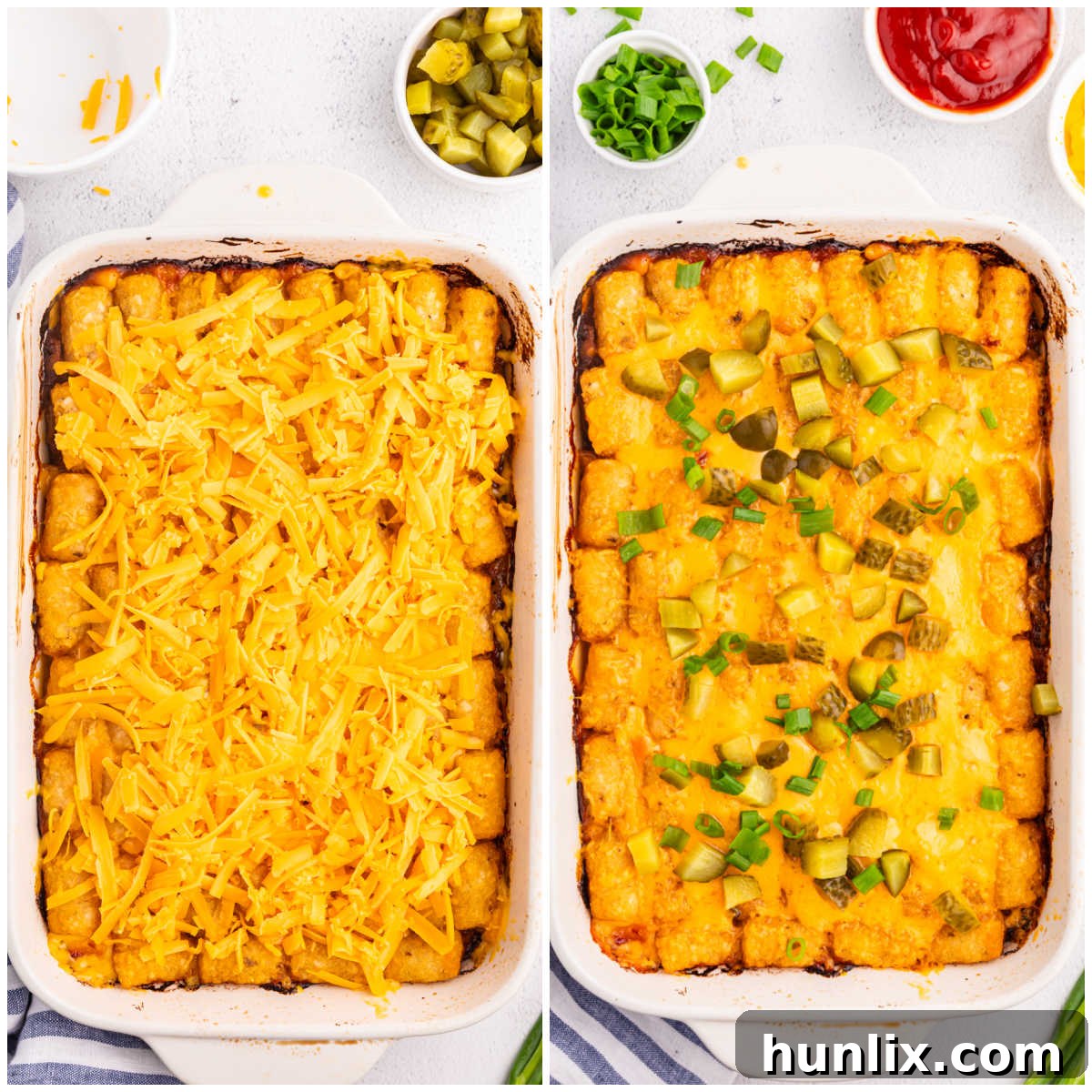 Steps to make cheeseburger tater tot casserole.
