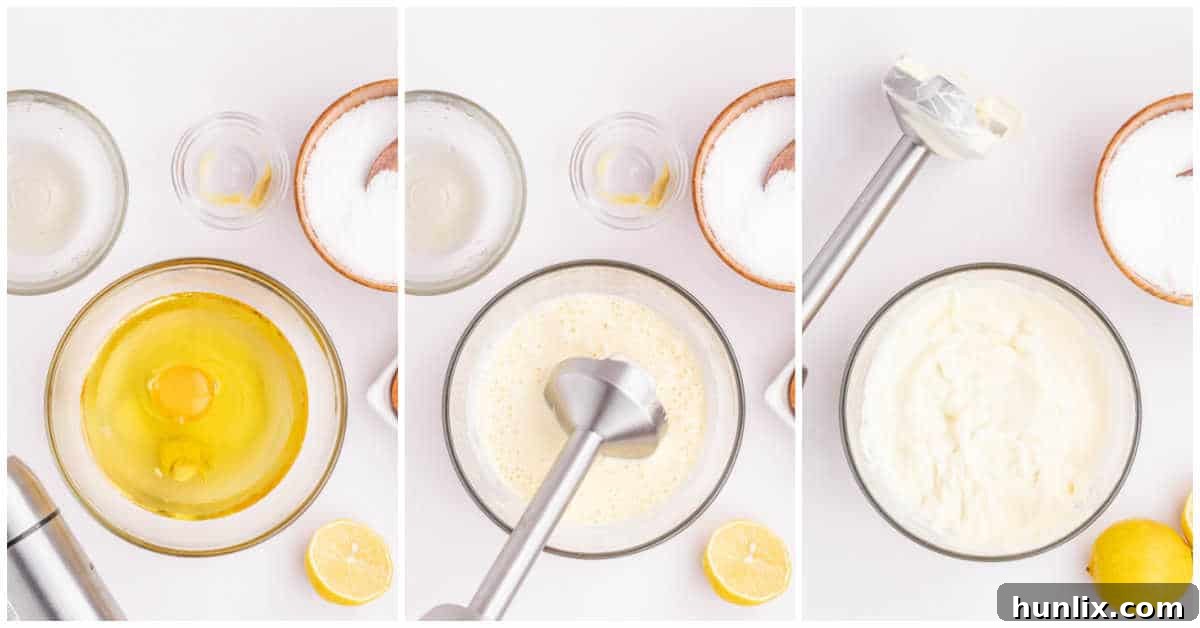 A step-by-step image showing how to make homemade mayonnaise with an immersion blender.