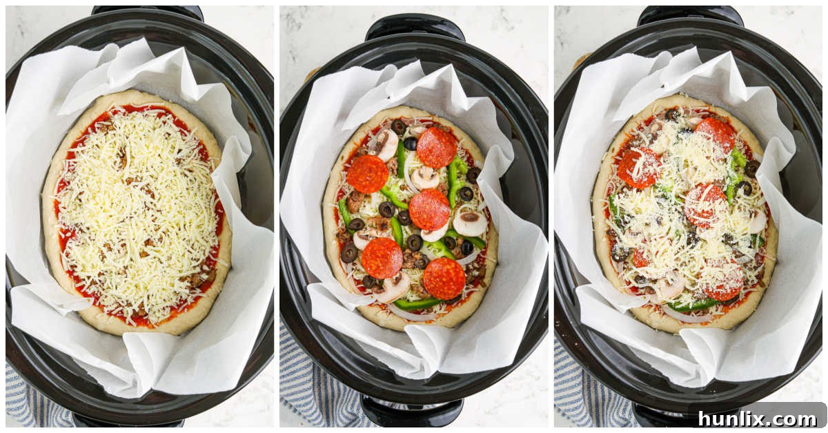 Finished Crockpot Supreme Pizza ready to be served.