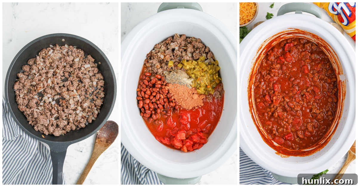 Visual steps illustrating the preparation of Frito Chili Pie in a slow cooker.