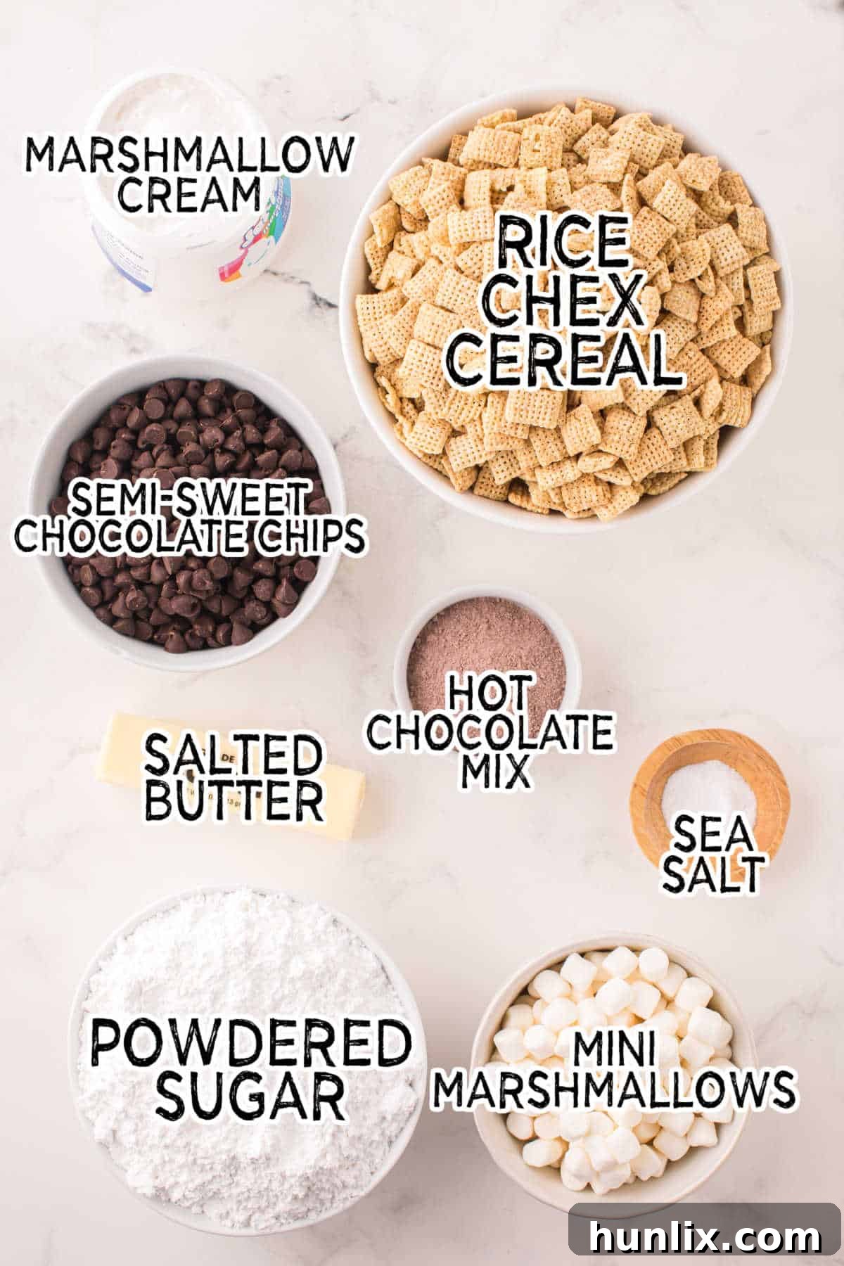 Ingredients on a white marble background.