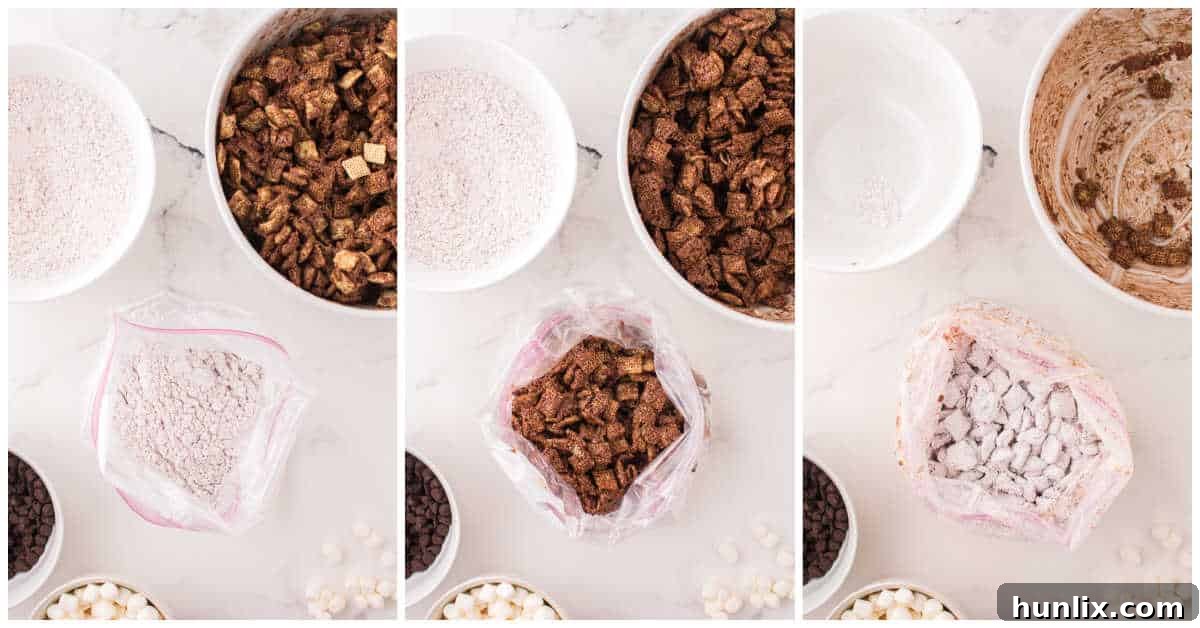 Collage of mixing ingredients in a plastic bag.