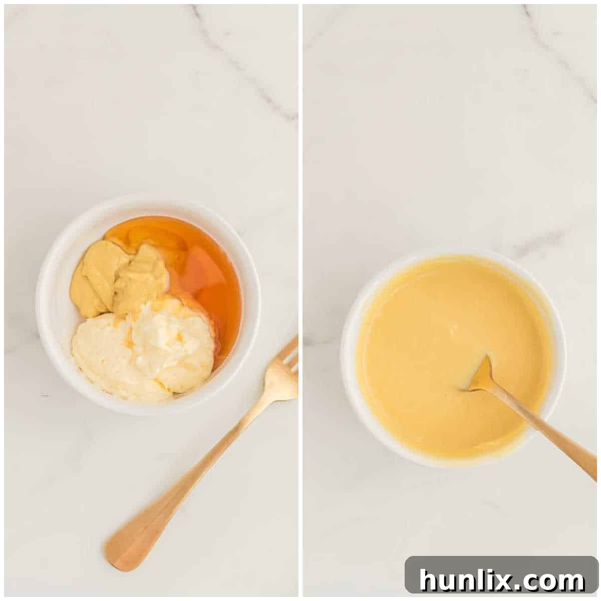 Steps to make honey mustard dipping sauce.