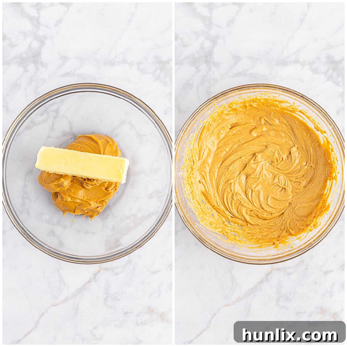 Choco-Peanut Butter Bliss Balls 4 Collage of mixing butter and peanut butter in a bowl.