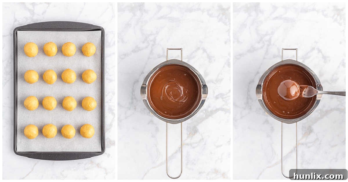 Choco-Peanut Butter Bliss Balls 6 Collage of the balls on a tray and dipping them into a pot of chocolate.