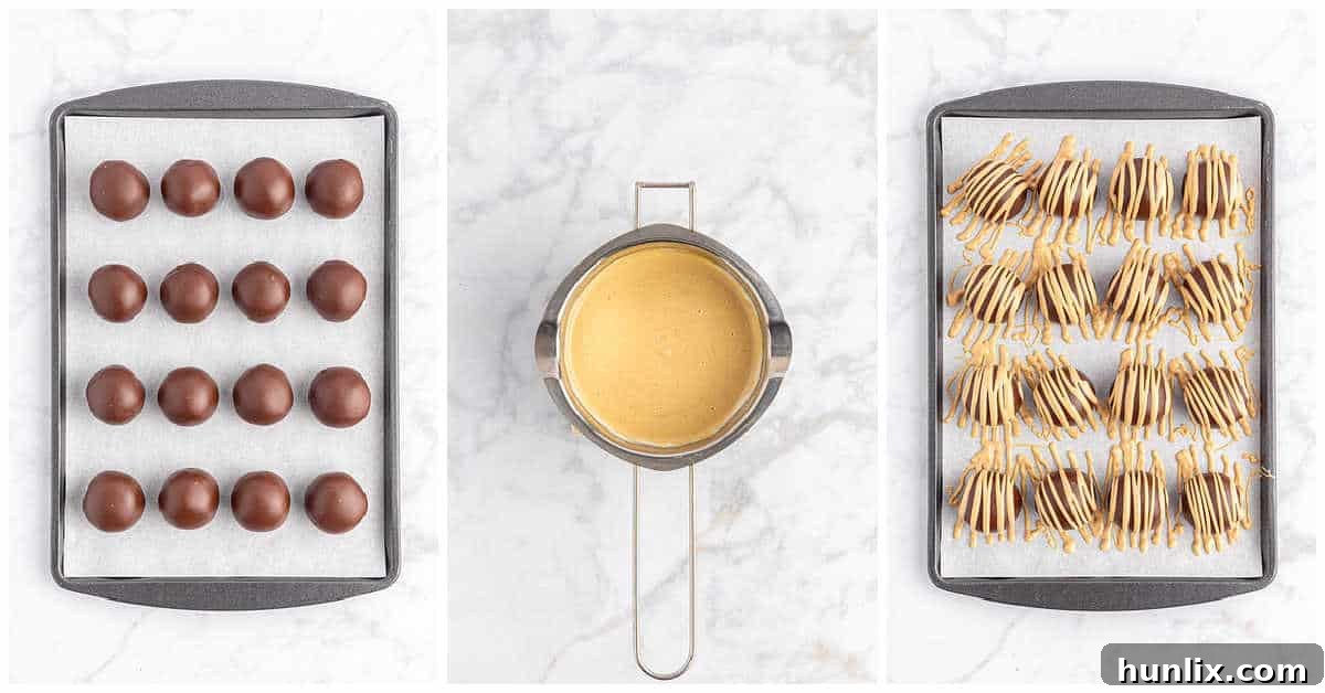 Choco-Peanut Butter Bliss Balls 7 Collage of the balls on a try and a pot of the drizzle.