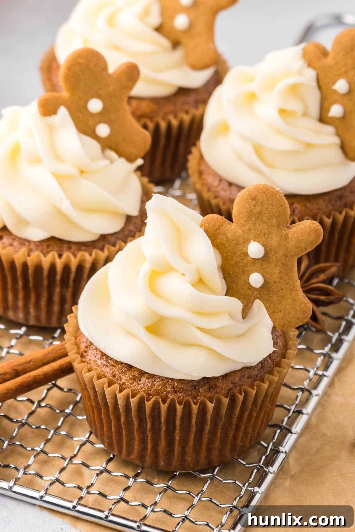 Molasses Ginger Cupcake Bliss 2 Freshly baked gingerbread cupcakes cooling on a wire rack, ready to be frosted.