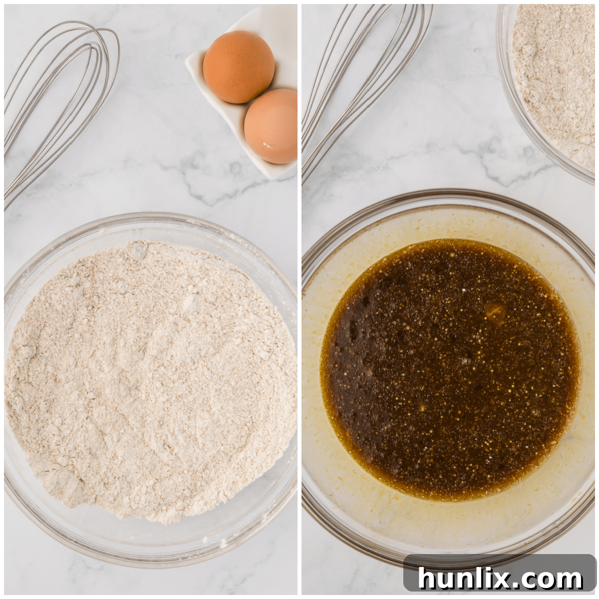 Molasses Ginger Cupcake Bliss 4 A collage showing the process of mixing dry and wet ingredients in separate bowls for gingerbread cupcakes.