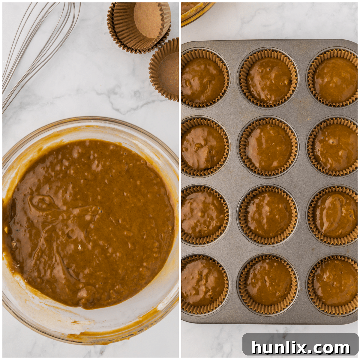 Molasses Ginger Cupcake Bliss 5 A collage depicting the final mixing of cupcake batter and filling a muffin pan with gingerbread cupcake batter.