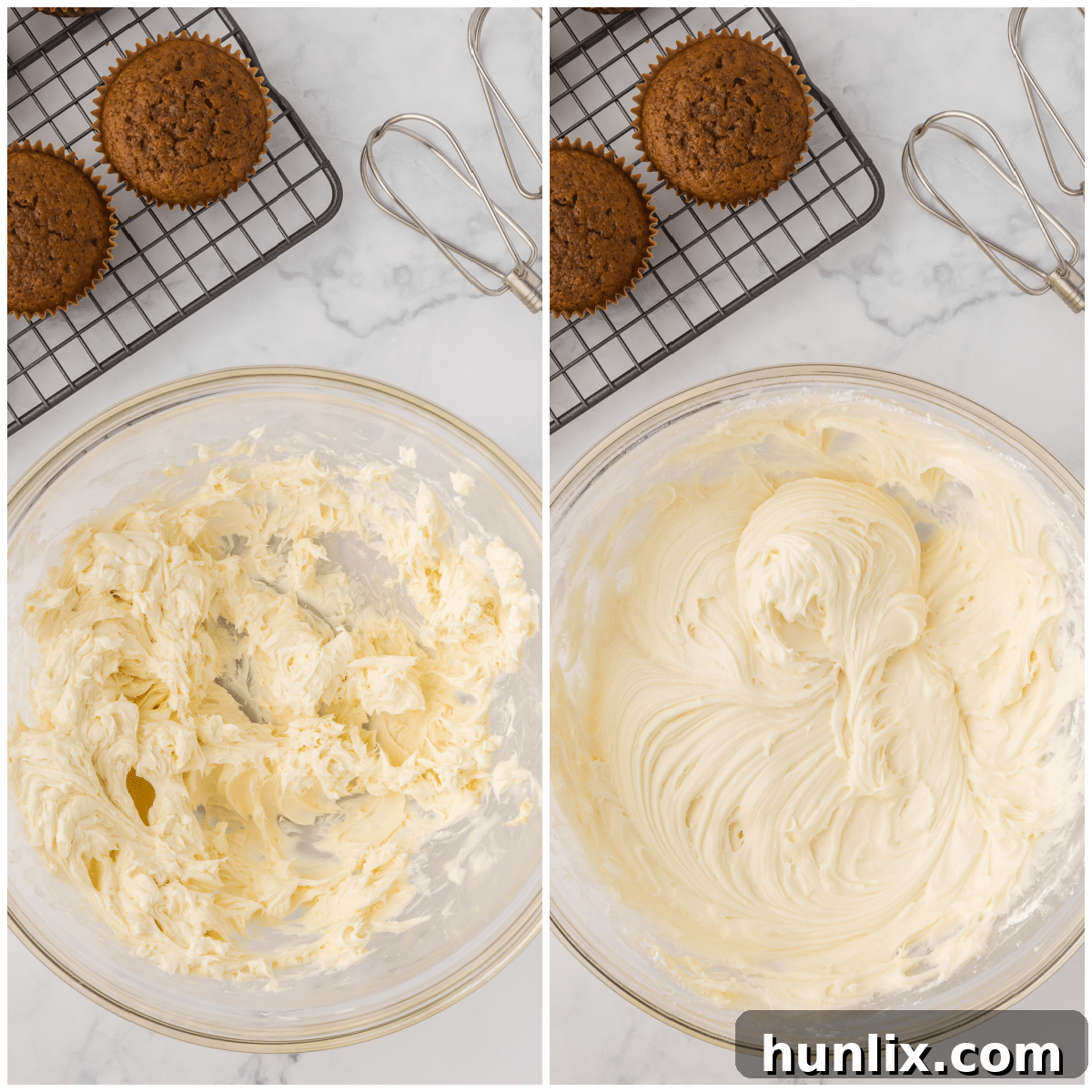 Molasses Ginger Cupcake Bliss 6 A collage showing the process of making smooth cream cheese frosting in a mixing bowl.