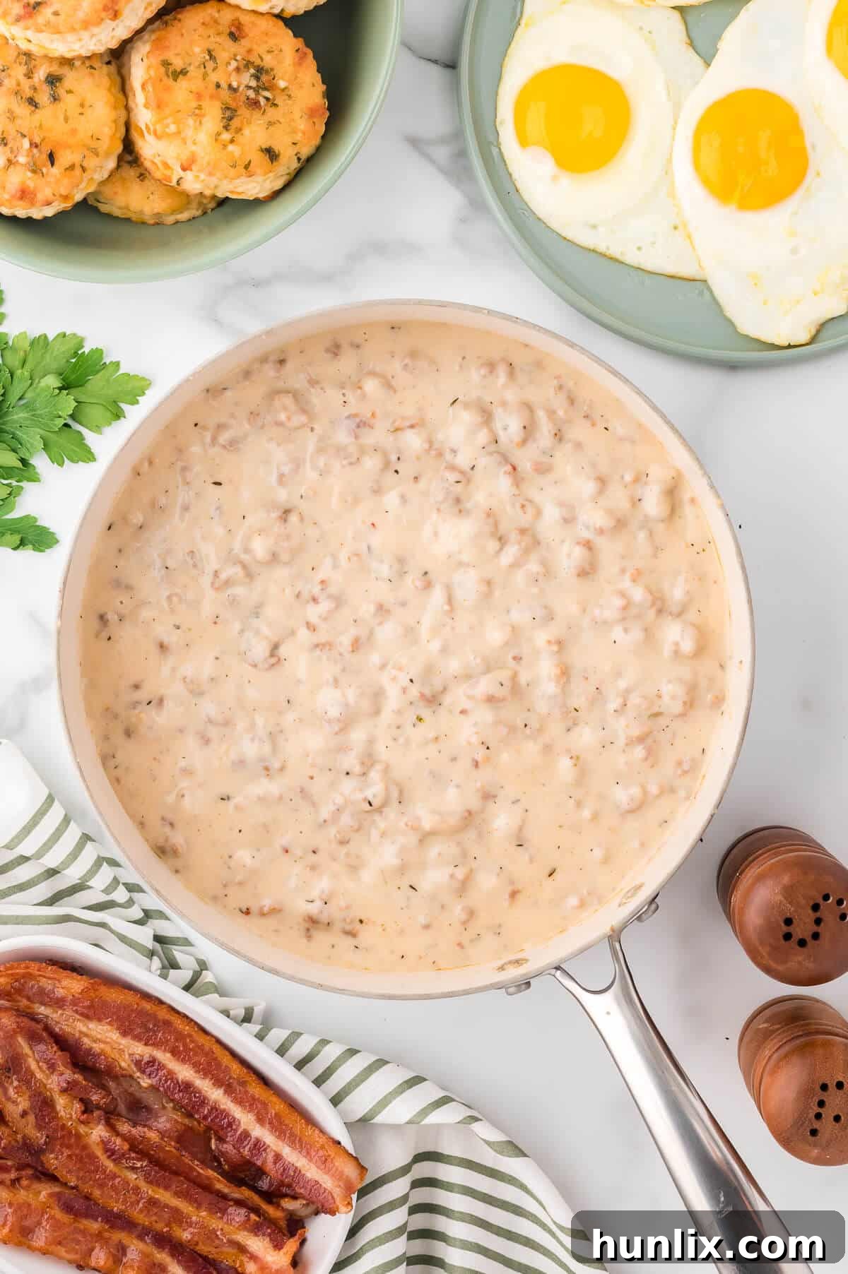 Sausage gravy in a pan.