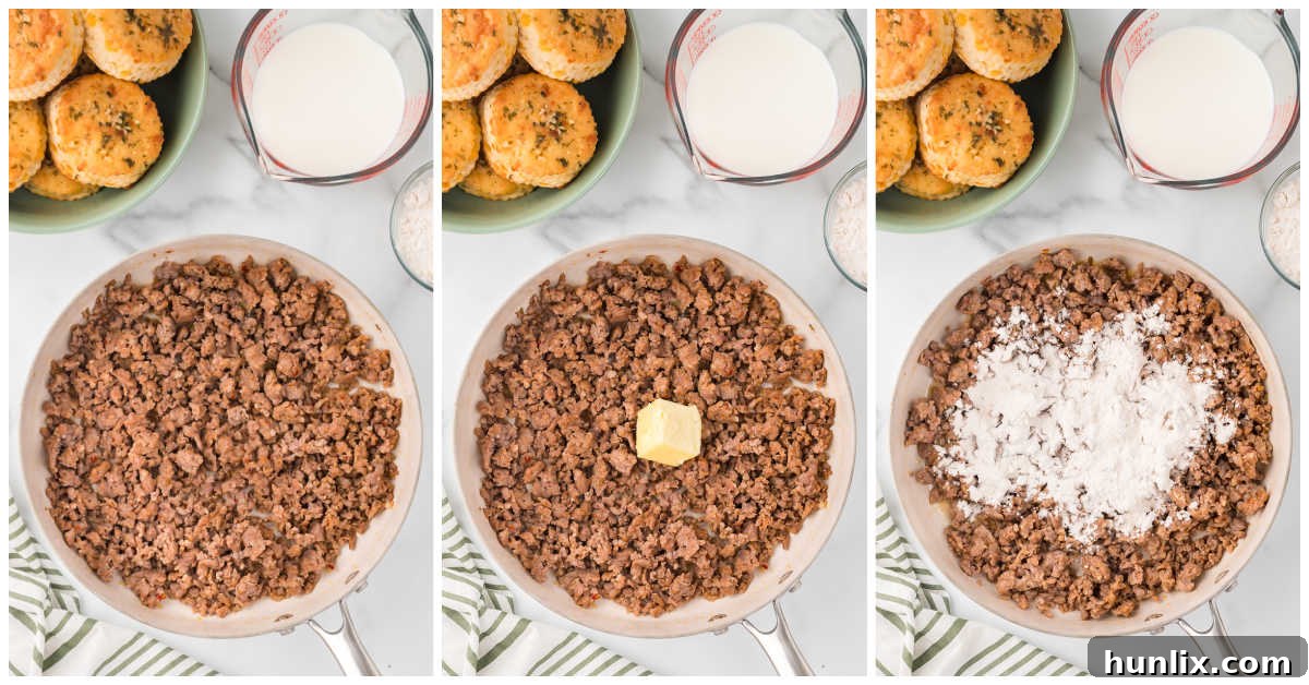 Steps to make sausage gravy.