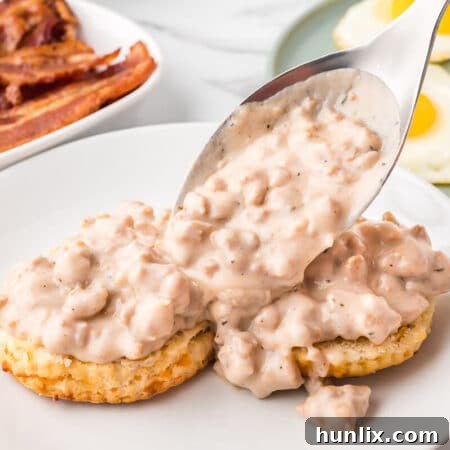 Creamy sausage gravy in a bowl, ready to serve.