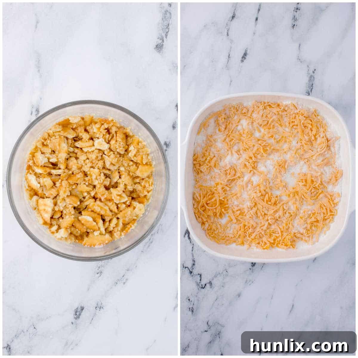 A hand mixing the pineapple tidbits with grated cheese, sugar, and flour in a white baking dish before adding the topping.