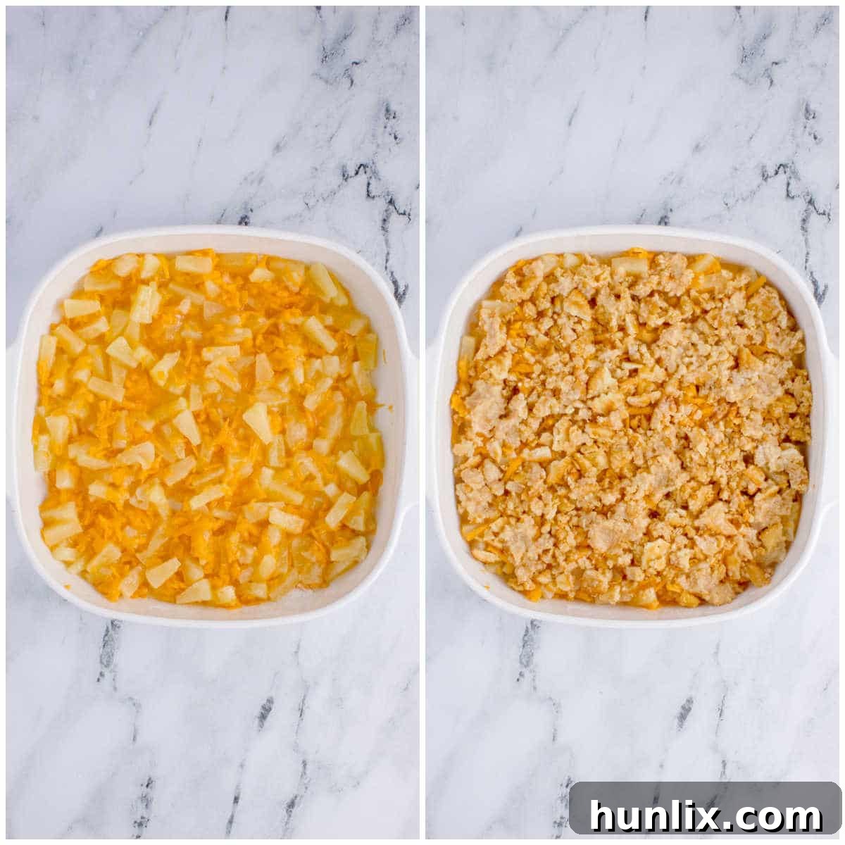 The pineapple casserole with the buttery cracker topping evenly spread over the pineapple and cheese mixture, ready to be baked.
