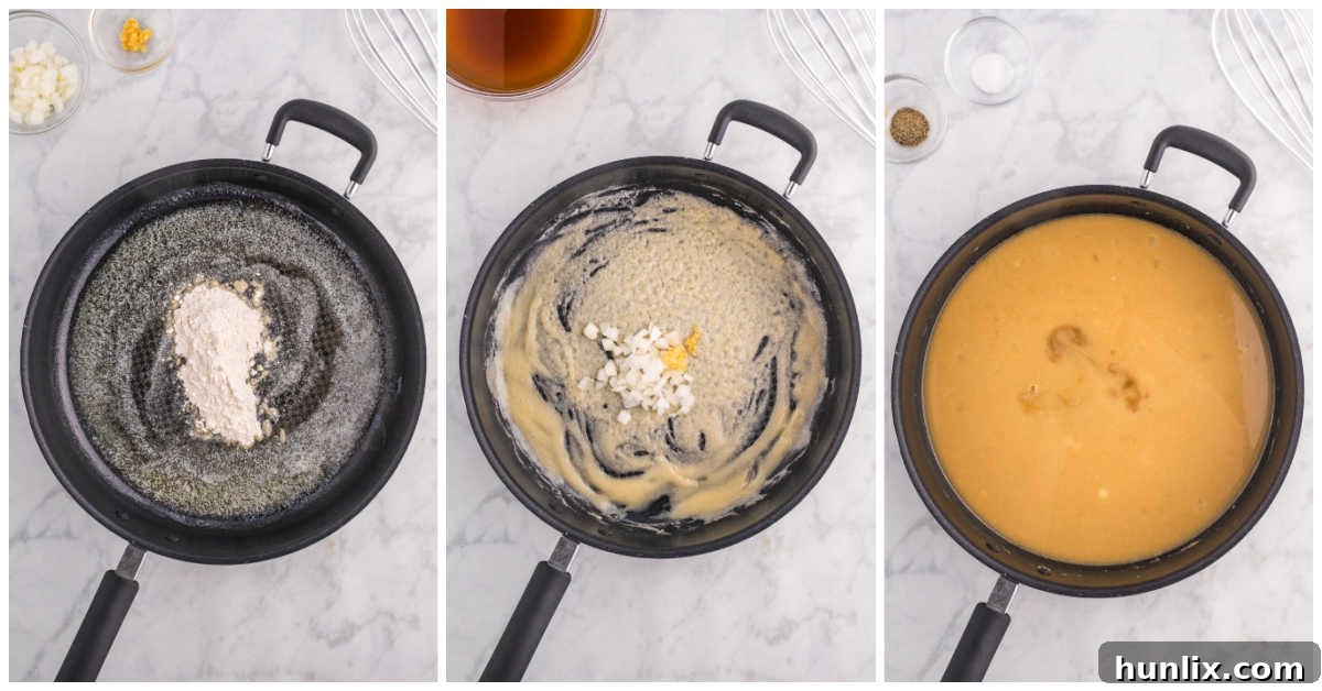 A step-by-step visual guide showing the progression of making brown gravy, from ingredients to simmering.