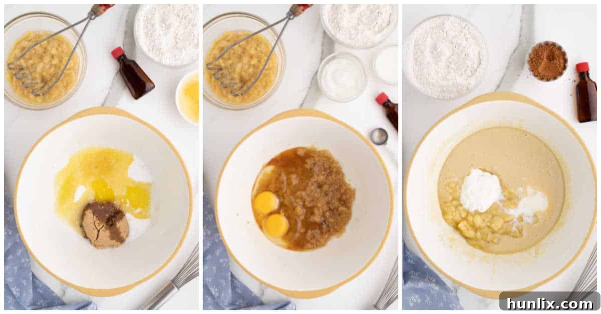 Sequential steps to prepare marbled banana bread batter.