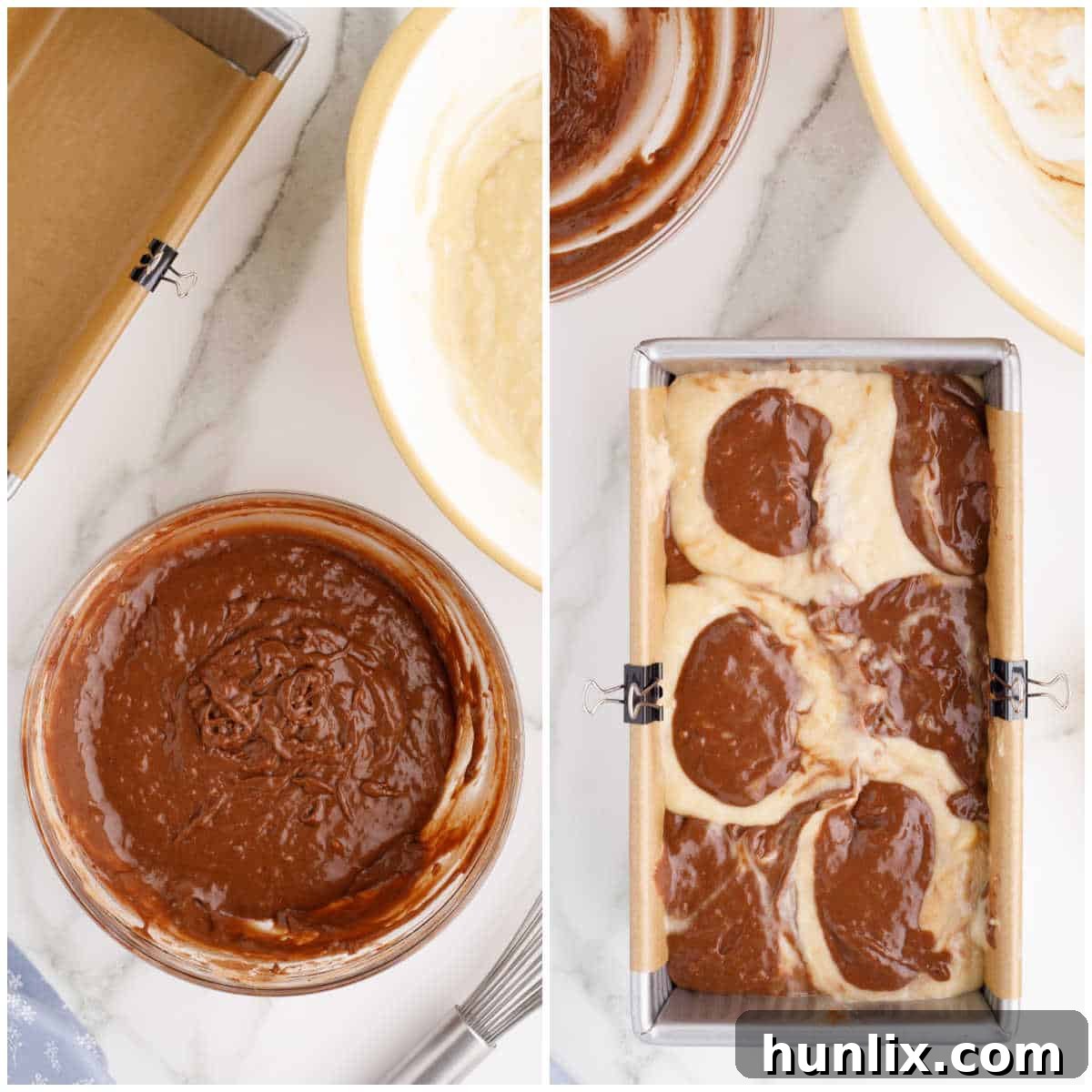 Baked marbled banana bread cooling on a rack, showing a perfectly set loaf.