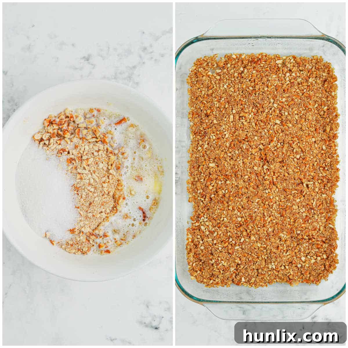 Sweet & Salty Christmas Pretzel Delight 4 The first few steps of making Christmas Pretzel Salad, showing the pretzel crust being prepared and baked.