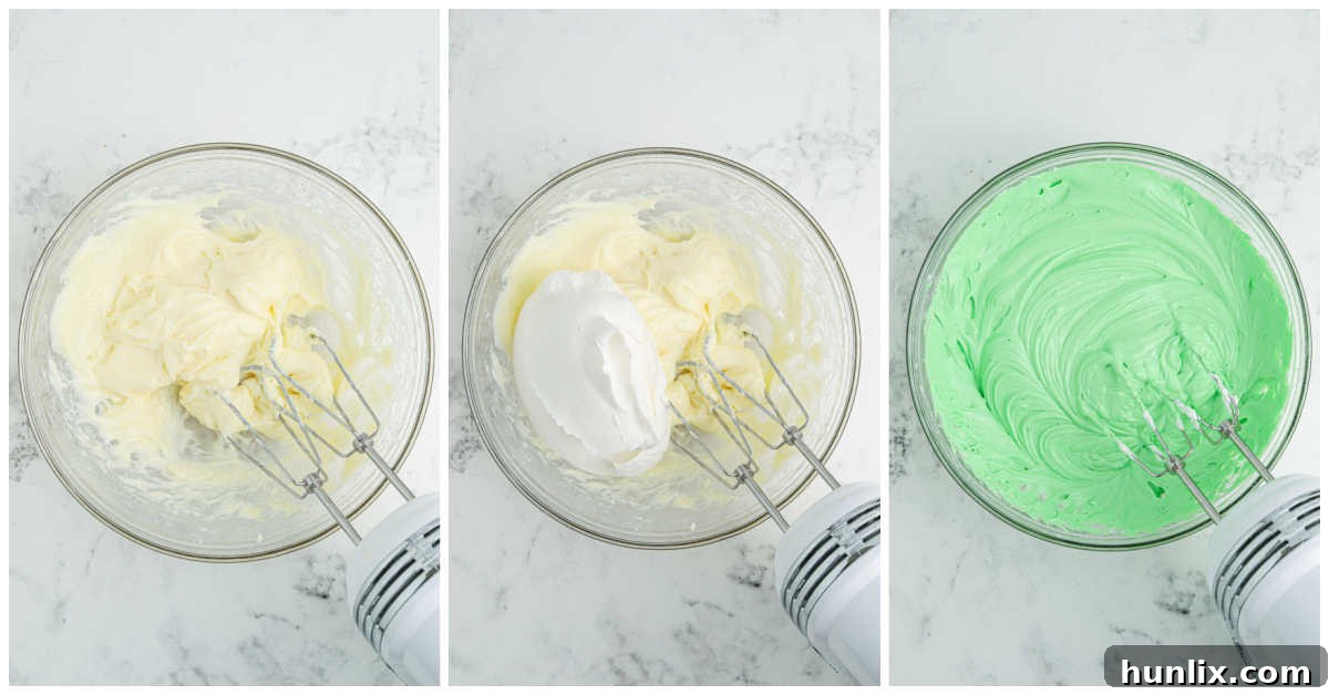 Sweet & Salty Christmas Pretzel Delight 5 Mid-preparation steps for Christmas Pretzel Salad, illustrating the creation of the green cream cheese layer.