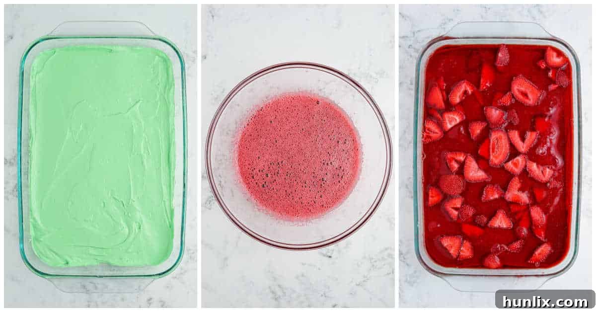 Sweet & Salty Christmas Pretzel Delight 6 The final steps of assembling Christmas Pretzel Salad, showing the strawberry jello layer being added and the finished dish.