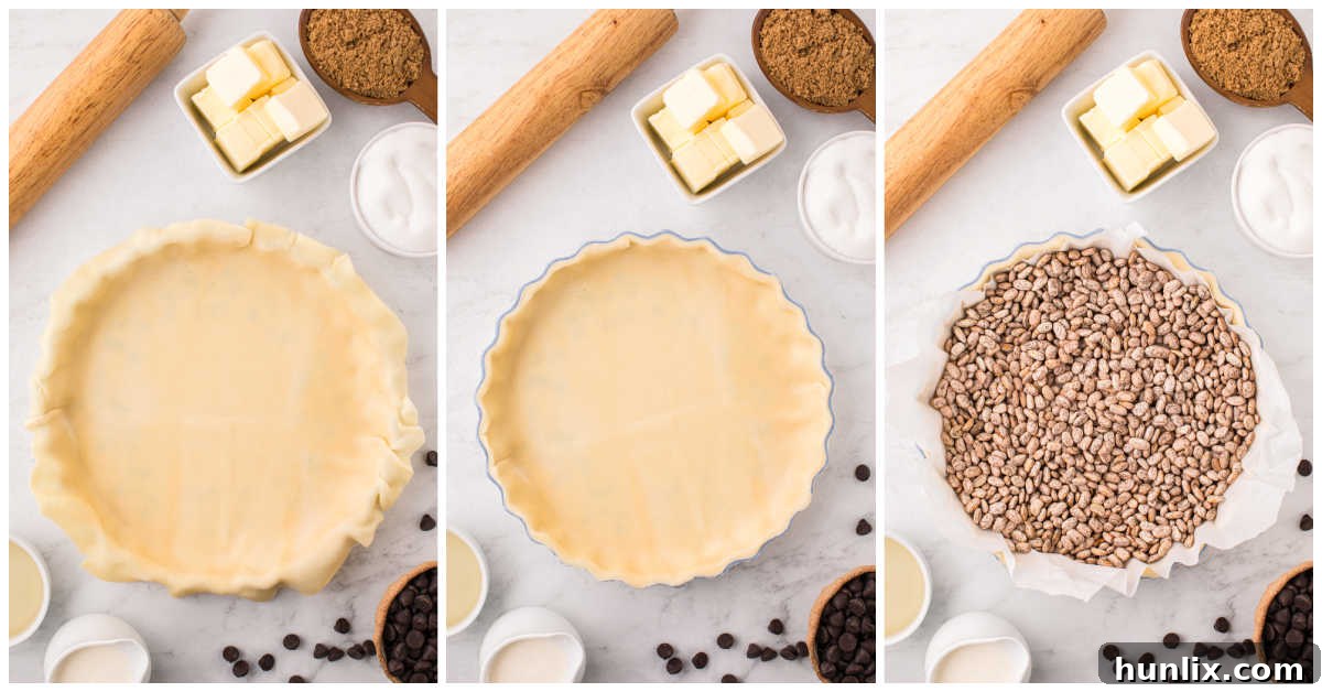 A visual guide showing the initial steps of preparing the tart crust: rolling out, pressing into the pan, and preparing for blind baking.