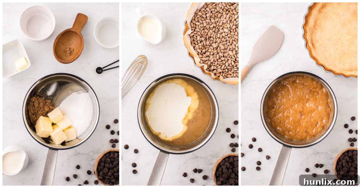 A progression of images showing the caramel-making process, from combining ingredients to stirring in cream and monitoring consistency.