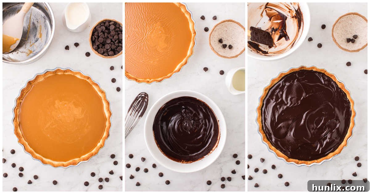 The final steps of making a chocolate caramel tart: pouring the caramel, then the chocolate ganache, and finally garnishing with flaky salt.
