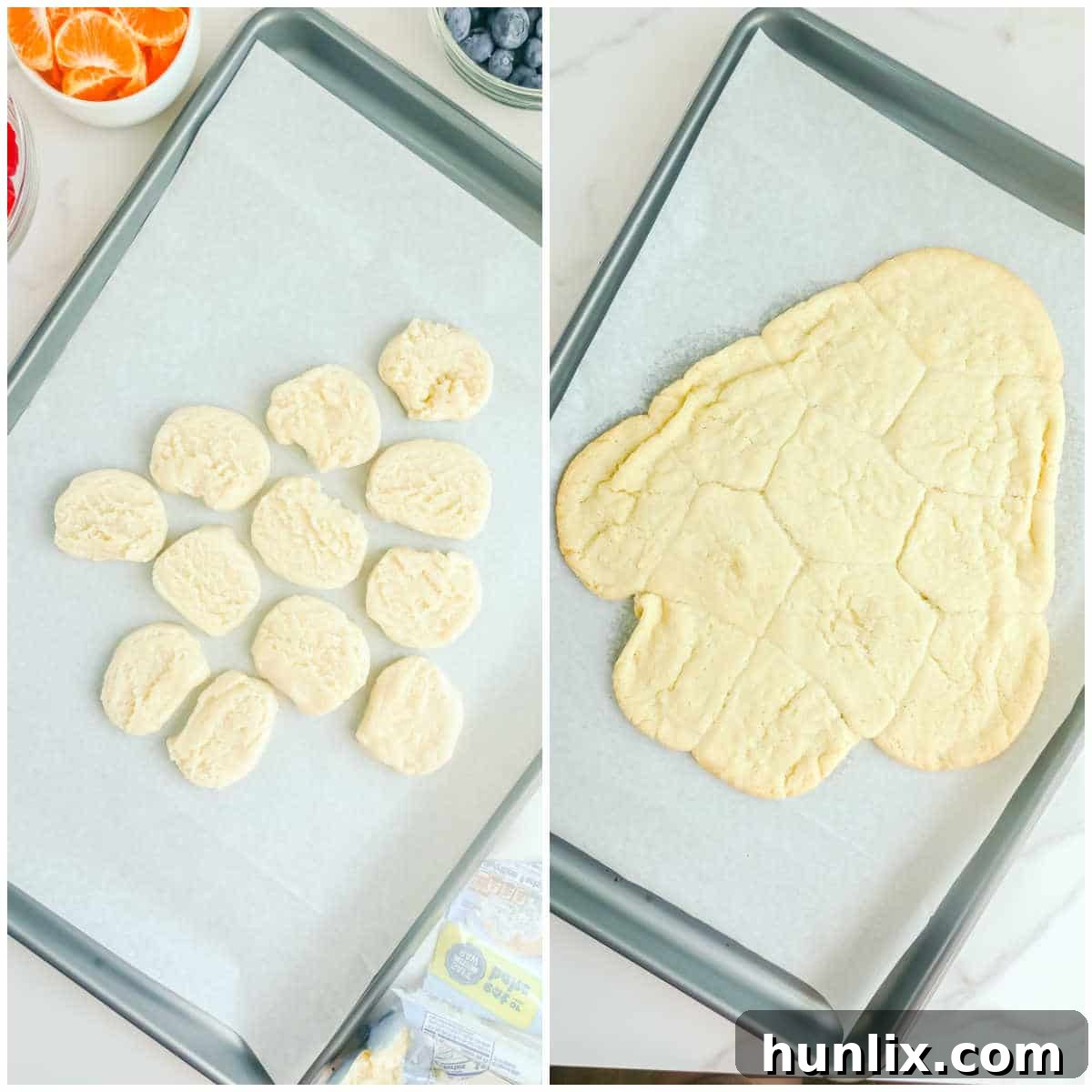 The initial steps of preparing a Christmas Tree Sugar Cookie, showing sliced cookie dough arranged on a baking sheet in a tree shape.