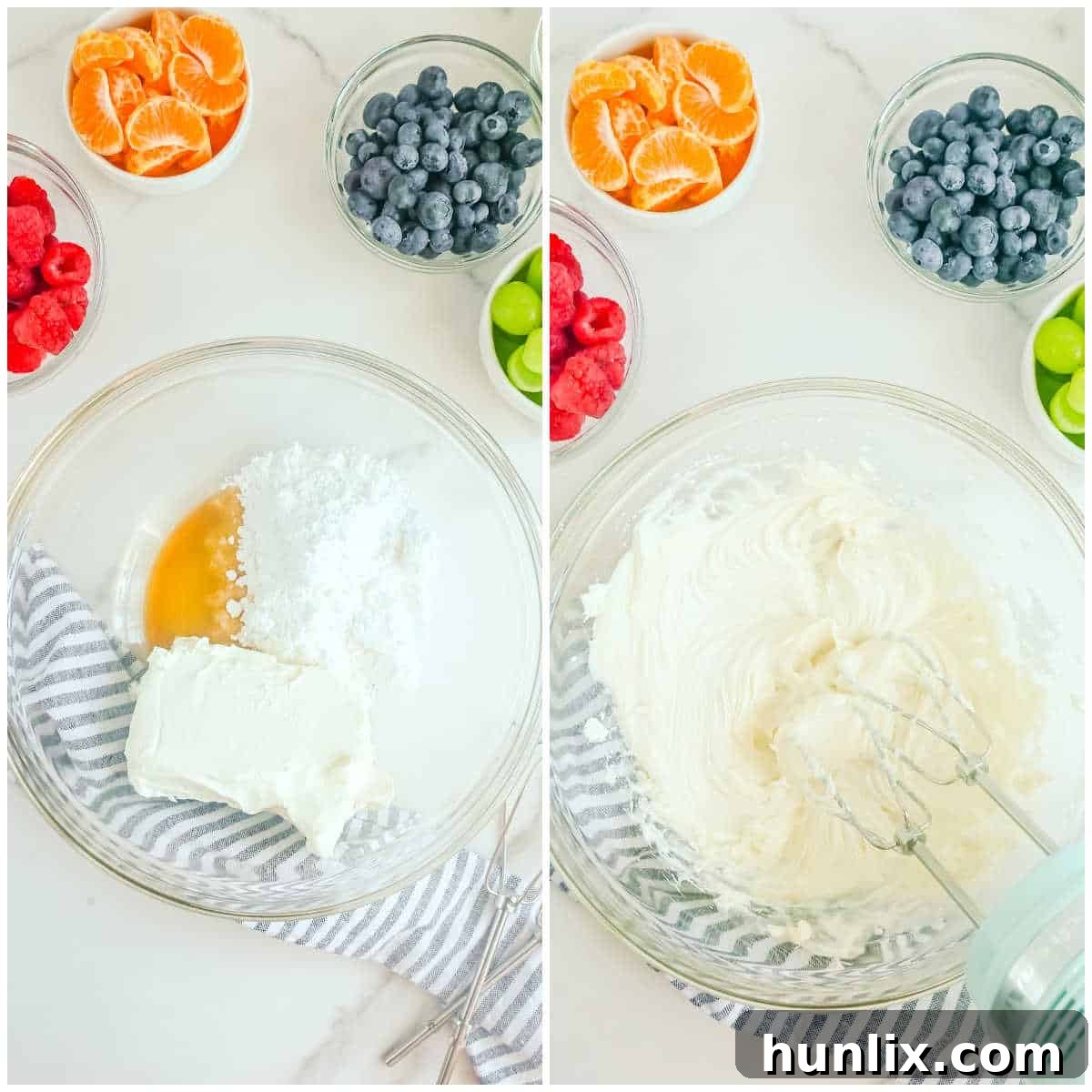 The step of preparing the cream cheese frosting for the Christmas Tree Sugar Cookie, showing ingredients being mixed in a bowl.