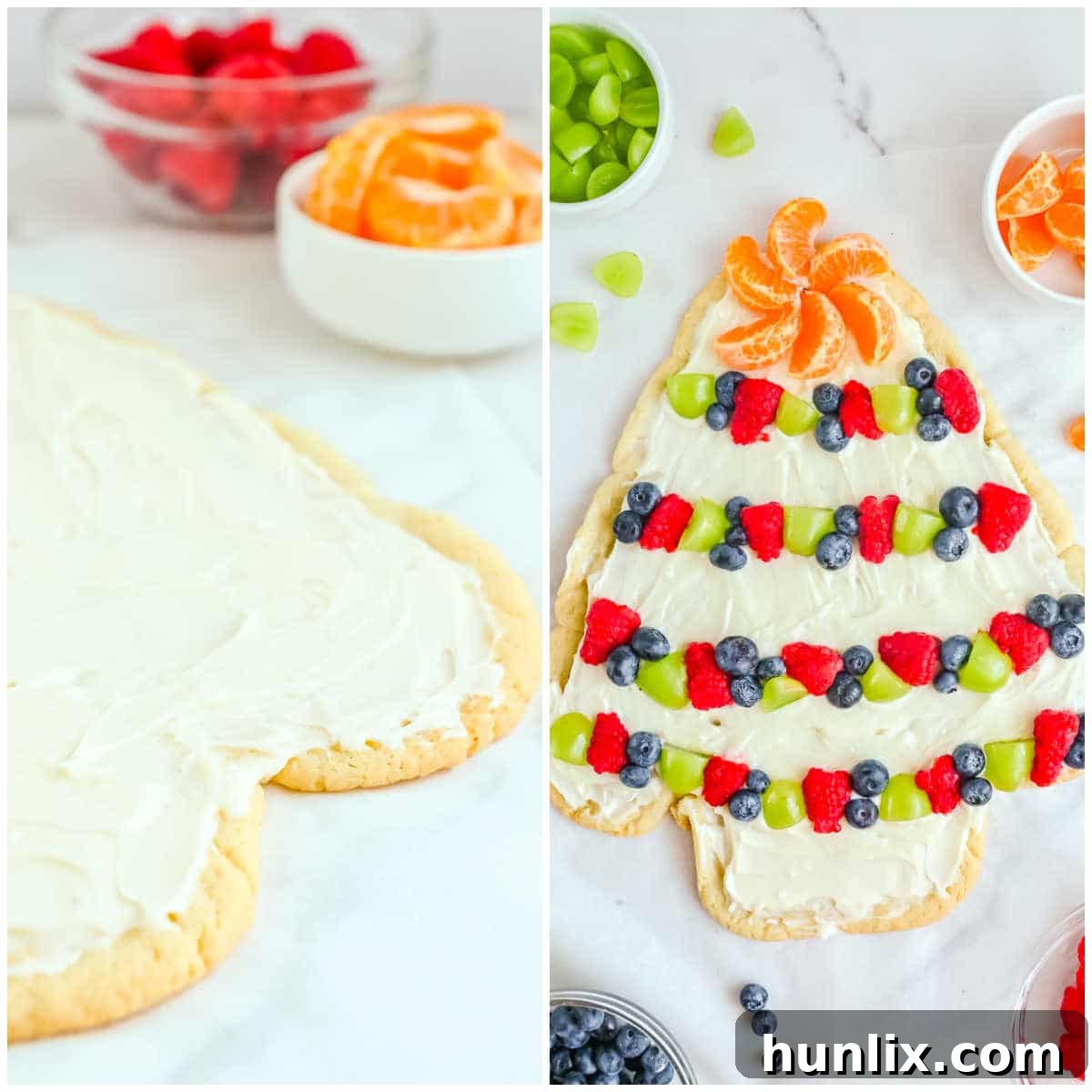 The final steps of decorating a Christmas Tree Sugar Cookie, showing cream cheese frosting spread and fresh fruit being artfully arranged to create a festive tree design.