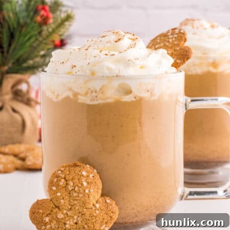 Yuletide Gingerbread Eggnog 10 A mug of homemade gingerbread eggnog, garnished with whipped cream and a gingerbread cookie.
