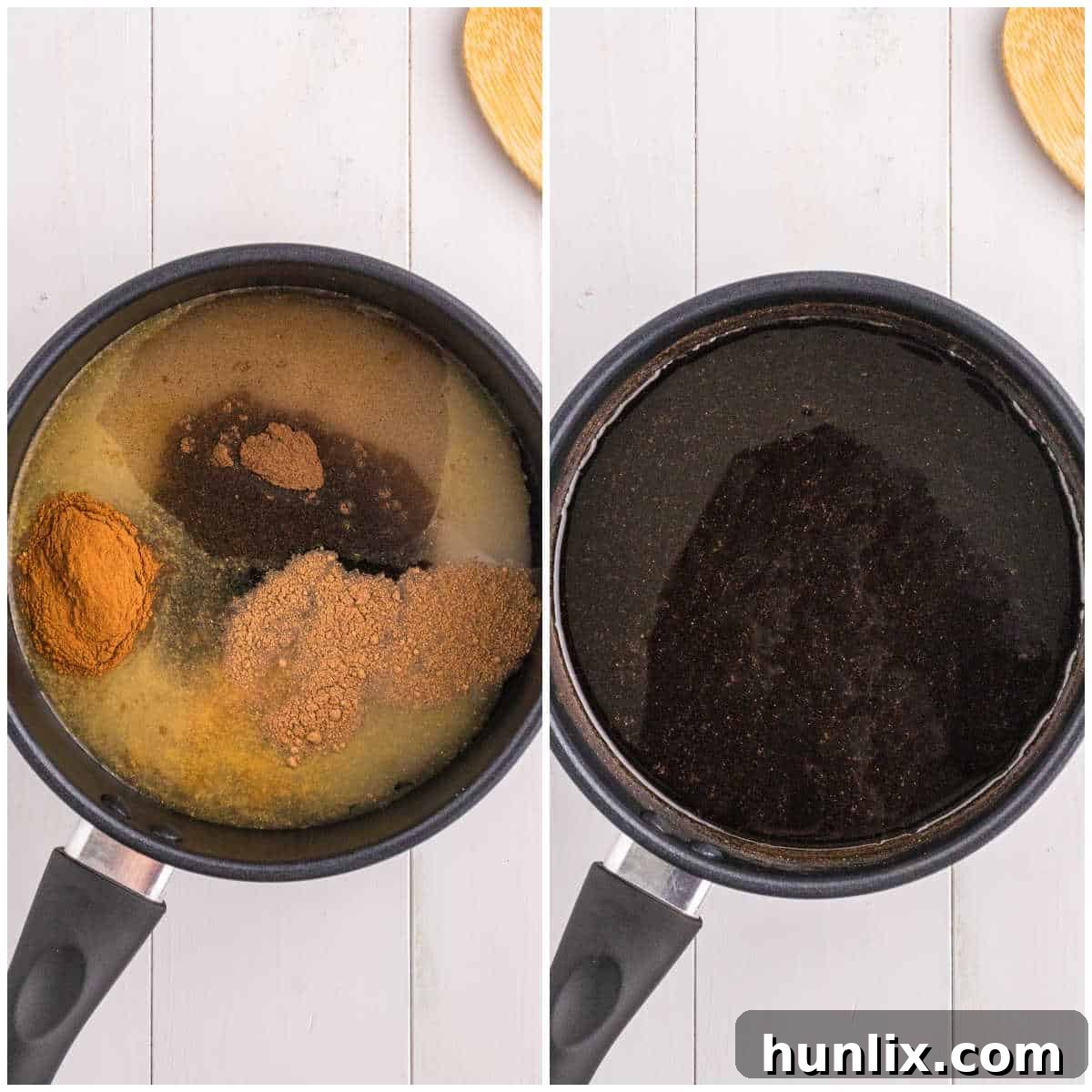 Yuletide Gingerbread Eggnog 5 A collage showing the steps for making gingerbread syrup: combining ingredients in a pot, simmering, and then cooling.