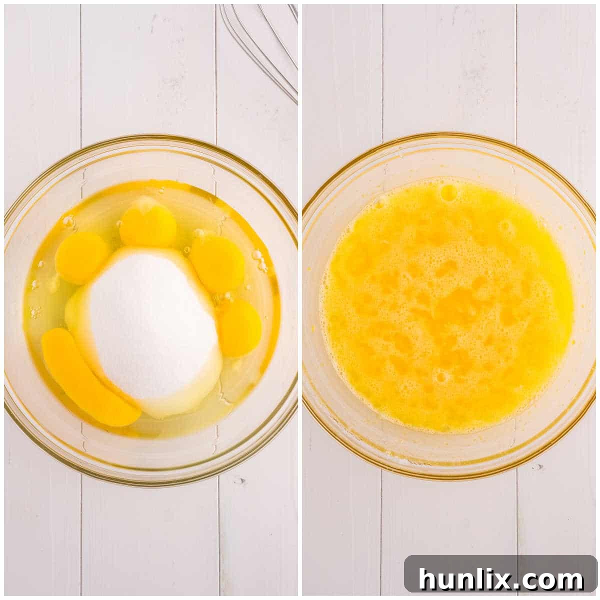 Yuletide Gingerbread Eggnog 6 A collage demonstrating the preparation of the eggnog base, including whisking eggs and sugar in a bowl and heating milk in a saucepan.