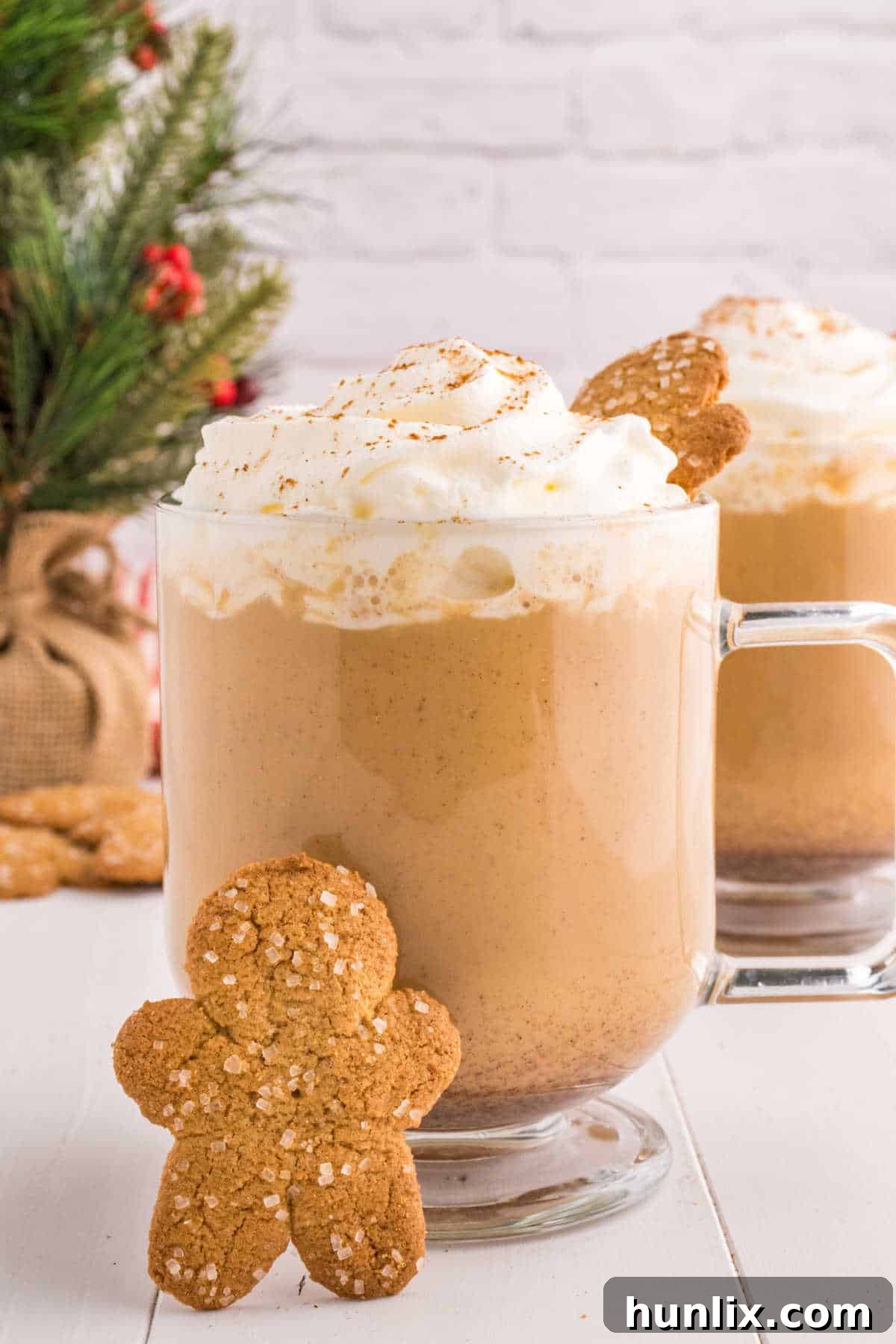 Yuletide Gingerbread Eggnog 8 A mug of homemade gingerbread eggnog, topped with whipped cream and a gingerbread cookie, ready for serving.