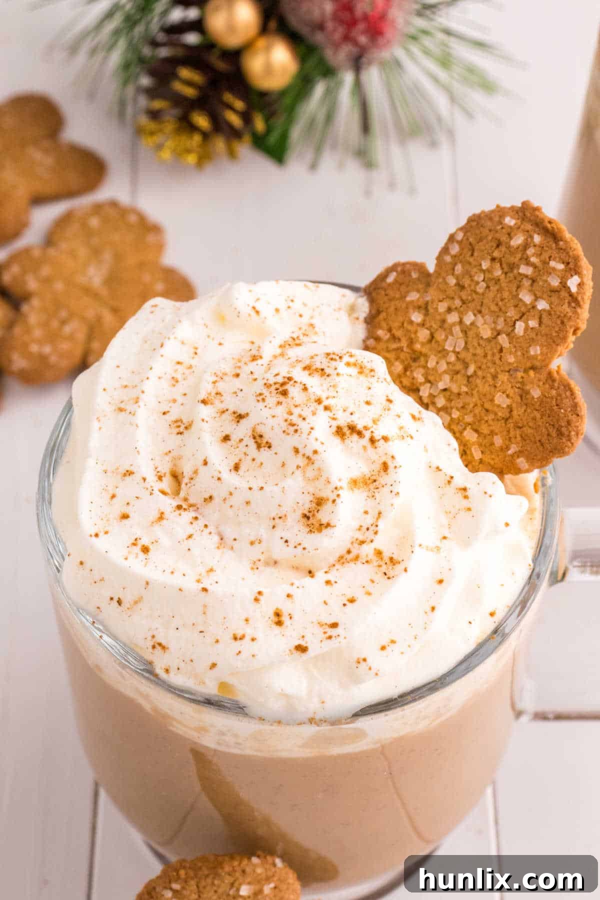 Yuletide Gingerbread Eggnog 9 A mug of homemade gingerbread eggnog, perfectly garnished, placed on a cozy festive setting.