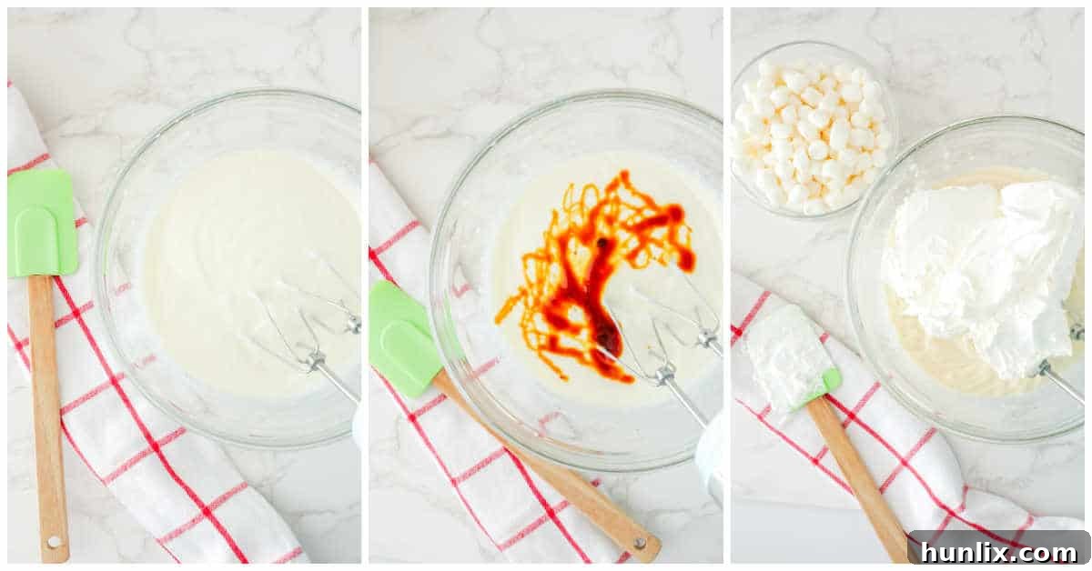 Initial steps for making white chocolate elf fluff: mixing pudding and adding molasses.