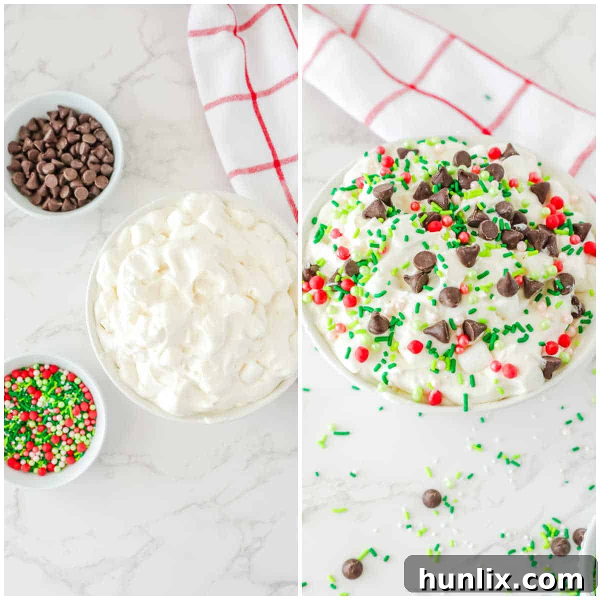 Final steps for making white chocolate elf fluff: folding in marshmallows and chilling.