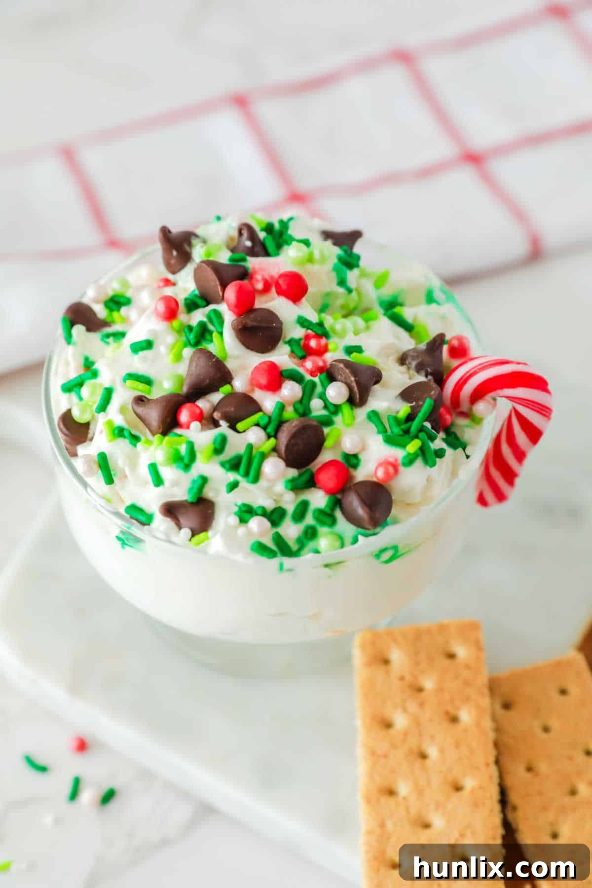 A beautifully presented dish of white chocolate elf fluff, ready to serve.