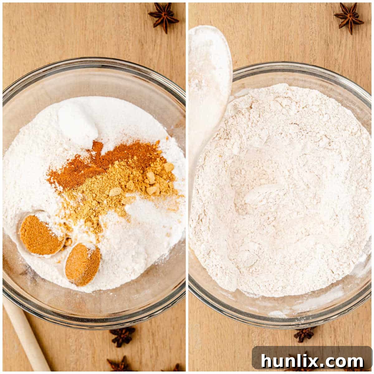 A bowl with dry ingredients for gingerbread waffles being mixed.