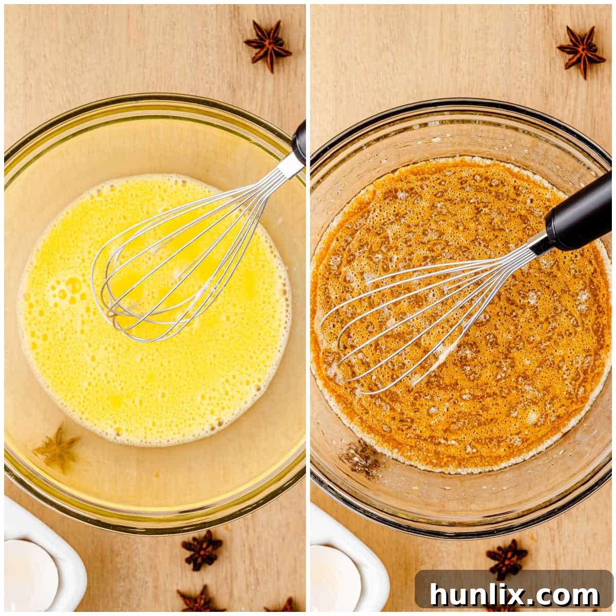 A bowl with wet ingredients for gingerbread waffles being whisked together.