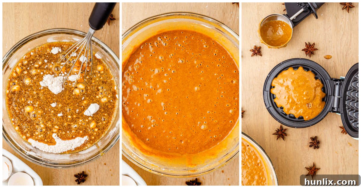 Steps to make gingerbread waffles, showing batter being poured into a waffle iron.
