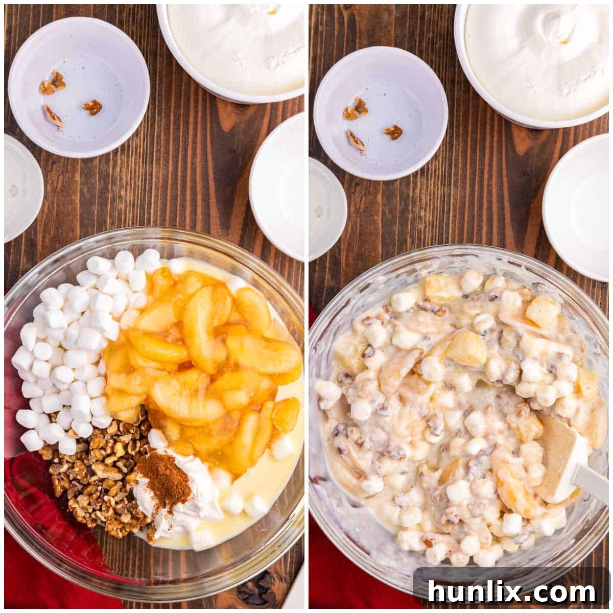 A large mixing bowl containing the initial combined ingredients for Apple Pie Fluff, including apples, marshmallows, and nuts.