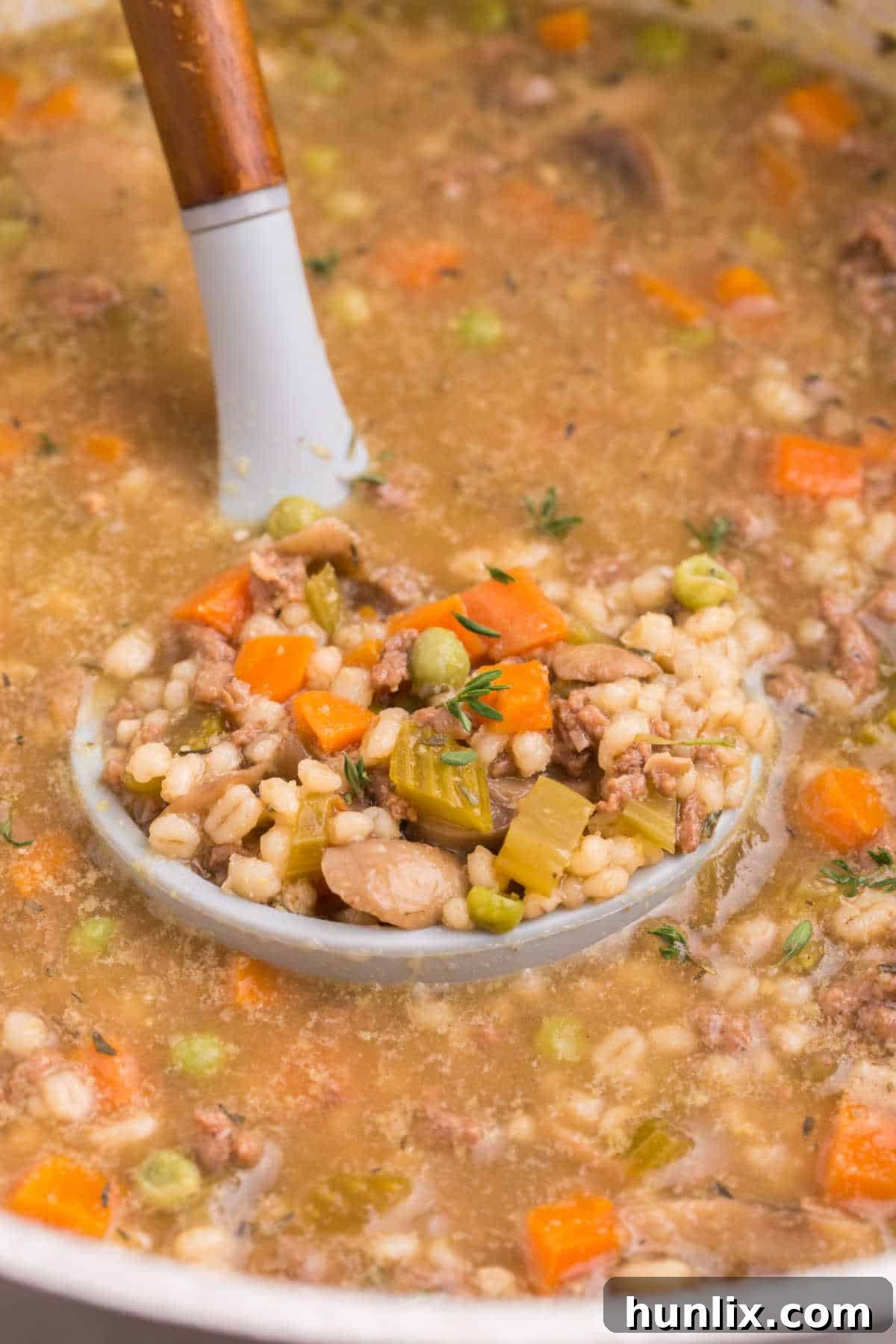 Hearty Beef and Barley Comfort Soup 5 Beef and barley soup in a ladle.