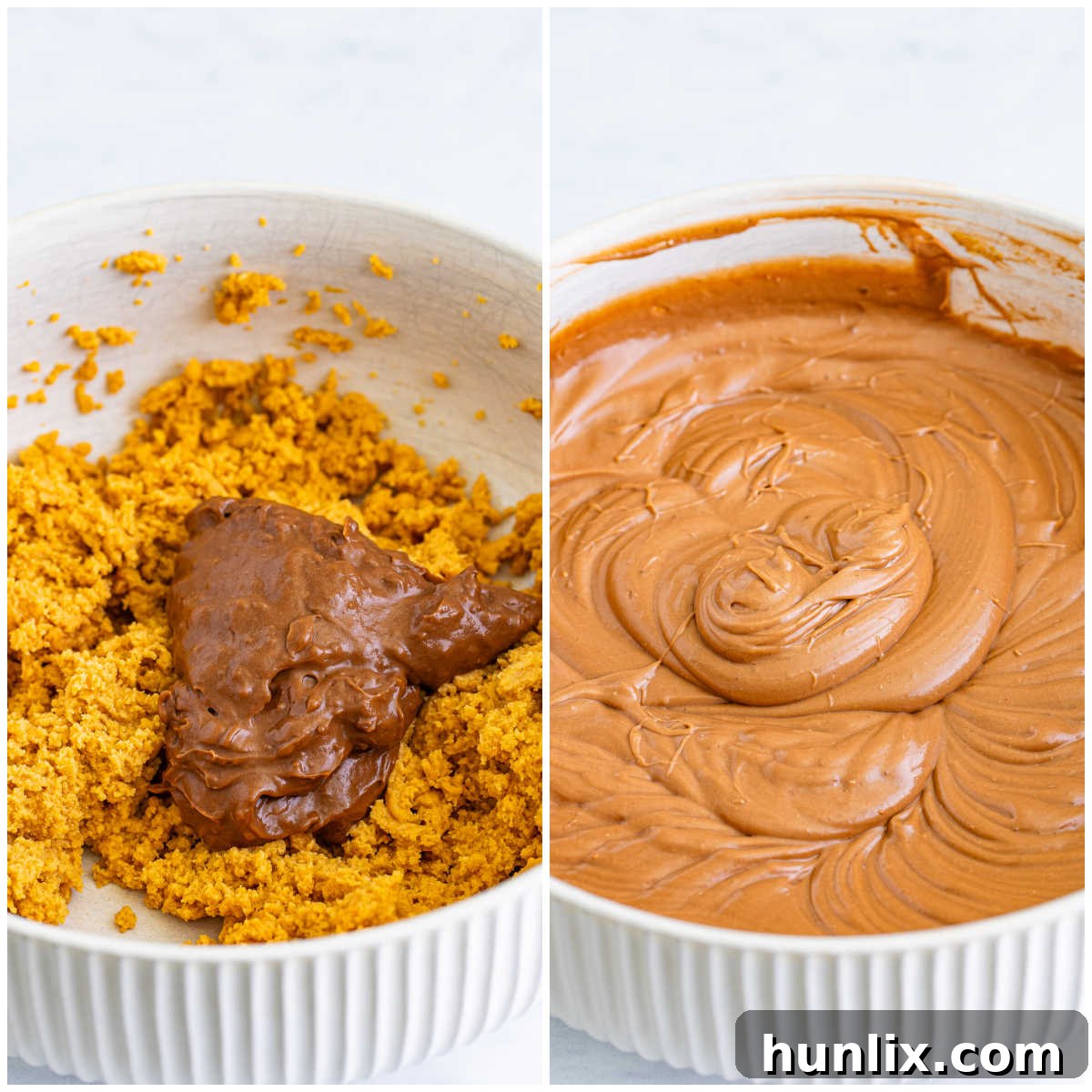 Heavenly Chocolate Peanut Butter Indulgence 5 A close-up of a large mixing bowl where chocolate pudding is being gradually added spoonful by spoonful to the thick peanut butter and cream cheese mixture, with an electric mixer nearby.