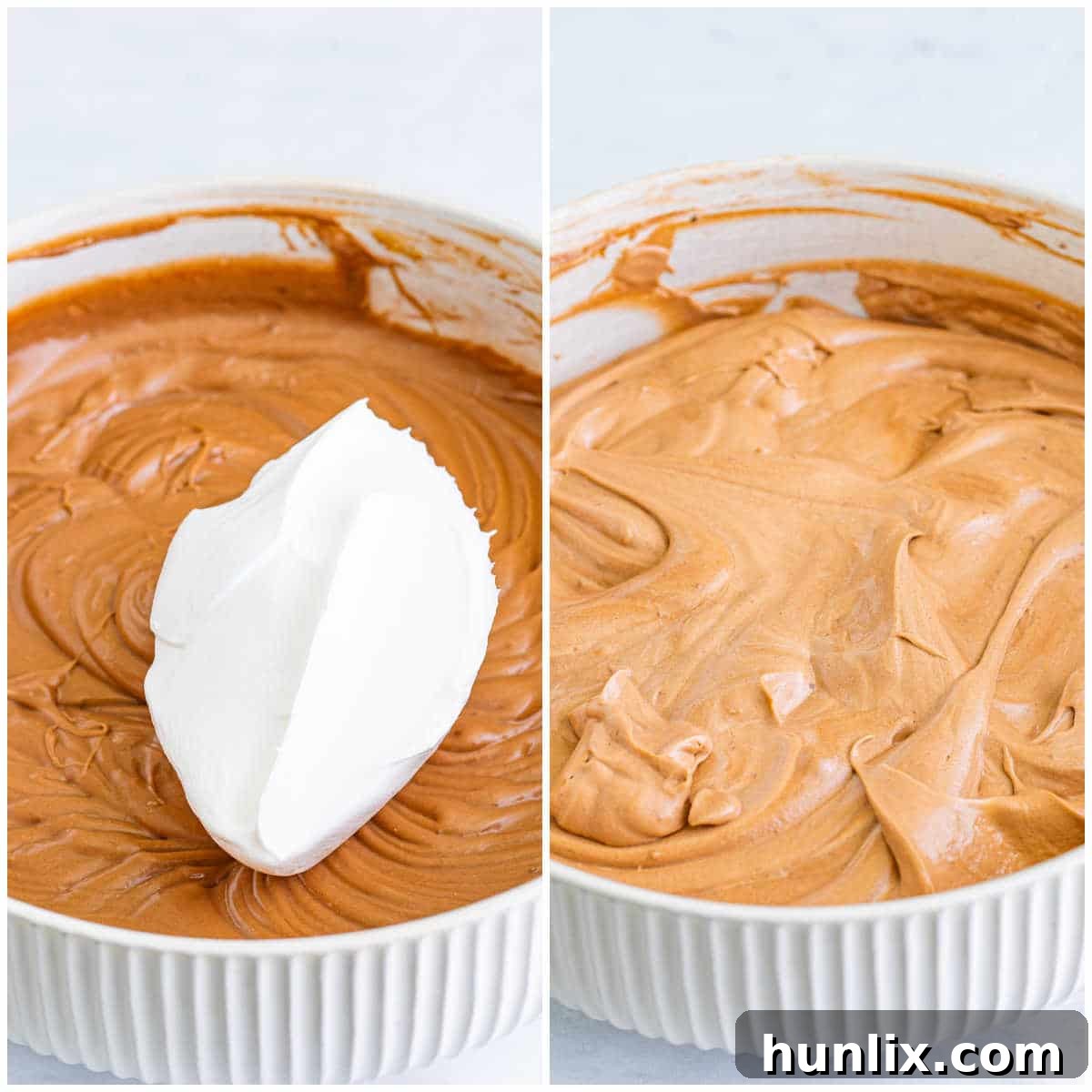 Heavenly Chocolate Peanut Butter Indulgence 6 The final step of folding in whipped topping into the peanut butter and chocolate pudding mixture, ensuring a light and airy consistency for the pie filling.