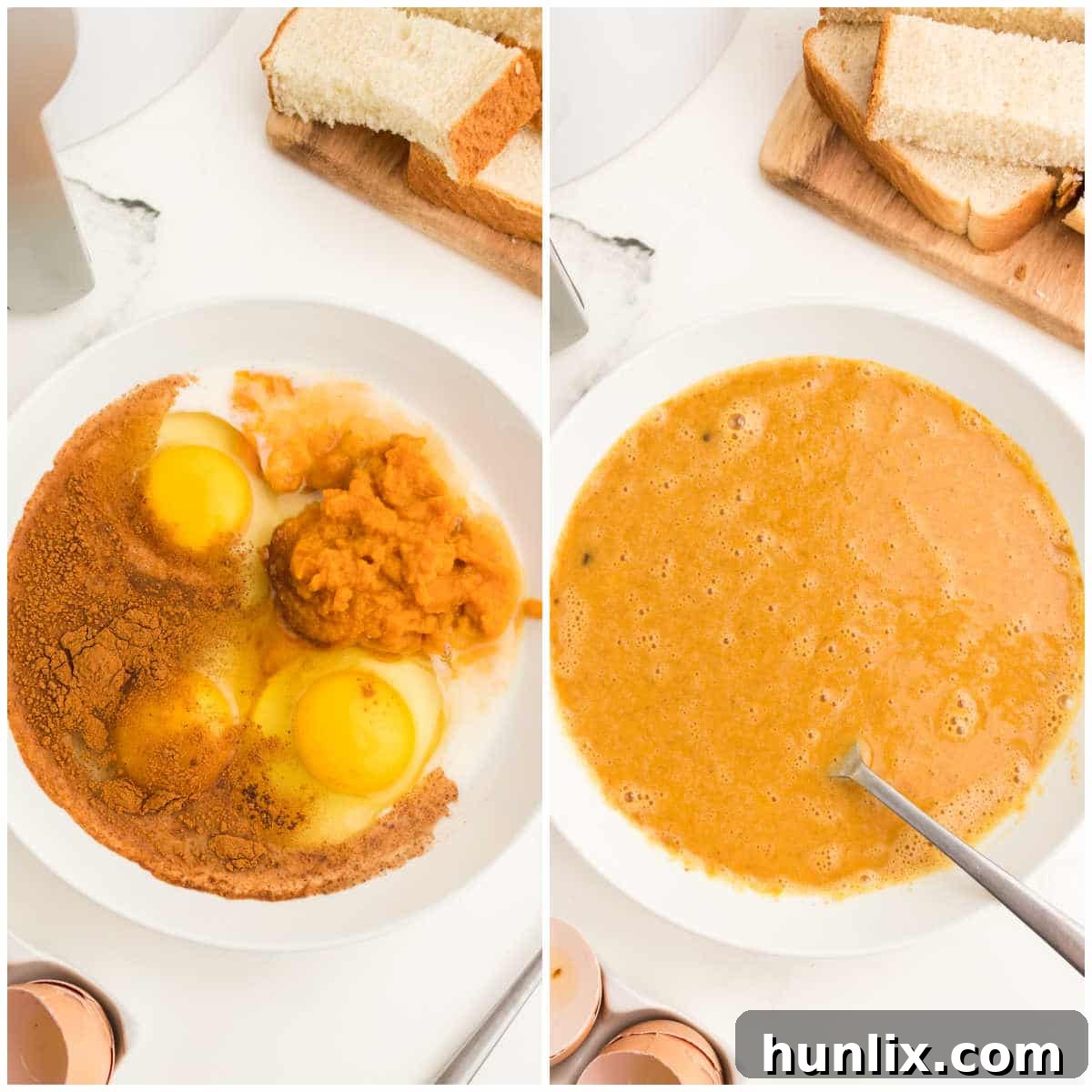 A collage showing the process of mixing ingredients for the pumpkin French toast batter in a bowl.