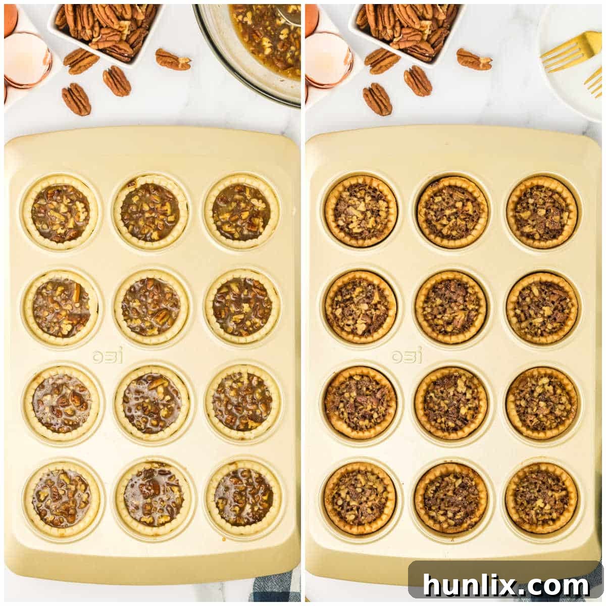 Decadent Bourbon Pecan Tarts 5 Steps to make pecan bourbon butter tarts.